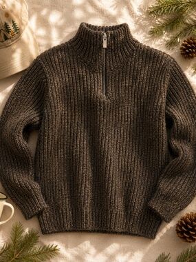 Zara Kids Chunky Rib Knit Quarter Zip Sweater Woodland Brown Size 6